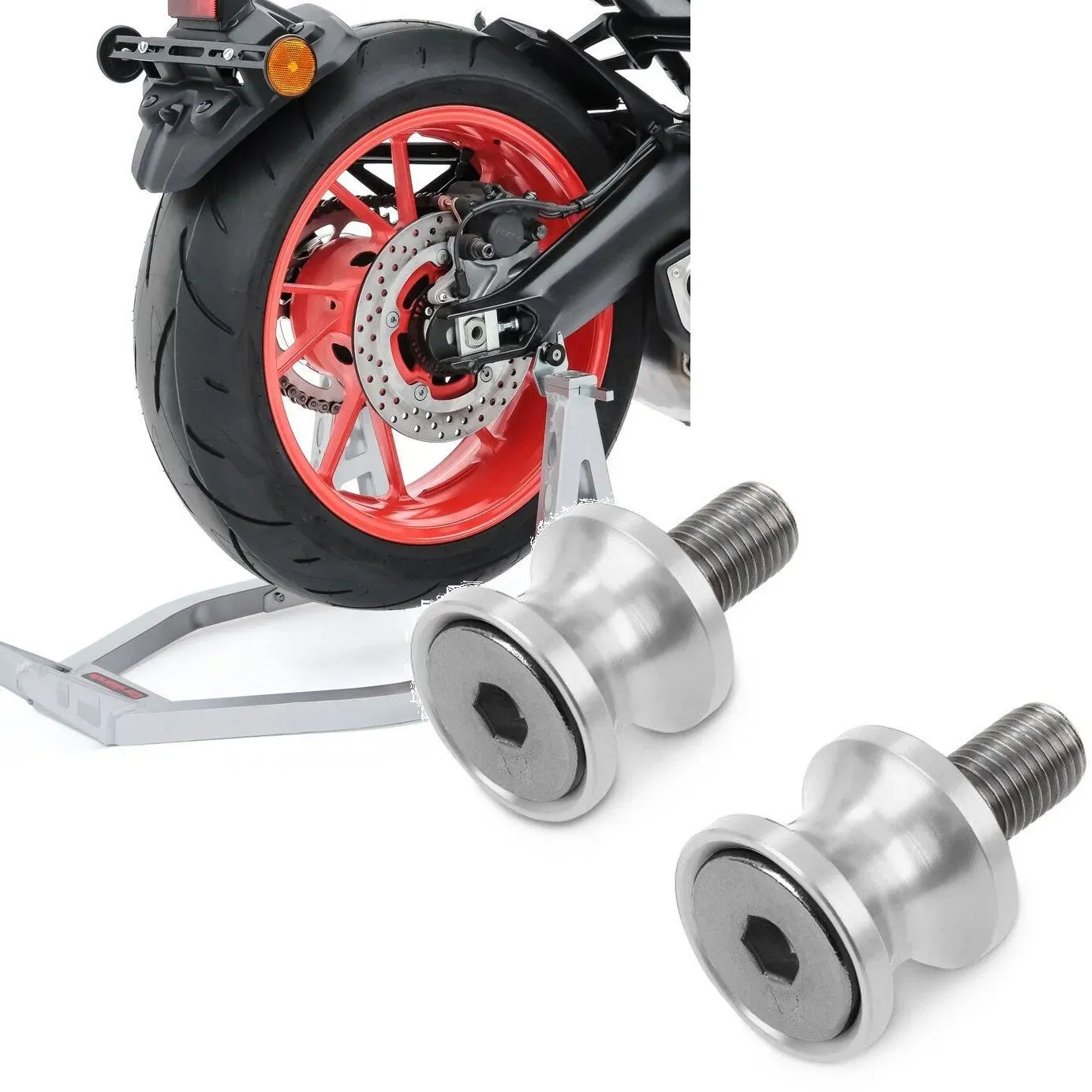 Set: Montageständer Hinterrad Superlight Racing silber + Prismabuchsen-Racingadapter Motea Jerez M8 silber