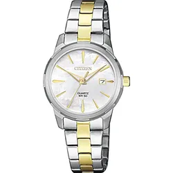 Quarzuhr CITIZEN, silber (silbergoldfarben, perlmuttfarben), Armbanduhren, Damen, Armbanduhr, Damenuhr, Edelstahlarmband, Datum