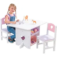 KidKraft Herz Kindertisch mit Stauraum und 2 Stühlen aus Holz - Kindersitzgruppe mit Aufbewahrungsbox, Kinder Tisch Stuhl Set, Kinderzimmer Möbel, 26913