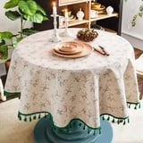 DINGC Tischdecke Rund Baumwolle und Leinen mit Blumendruck, Tischtücher Rund Quastenspitze Abwaschbare, Runde Tischdecke Tablecloth Round benutzt für Esstisch Wohnzimmer Picknick 150cm (Beige)