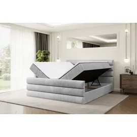 altdecor Boxspringbett mit Fußteil, H4 Matratze und Topper - 160x200 cm - CELESTIA-Z - Hellgrau Samt - Polsterbett mit Bettkasten und Lattenrost, ... - Hellgrau