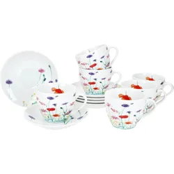 6er Set Marie Kaffeetassen mit Untertassen 6 Personen Porzellan Tee Kakao Blumen