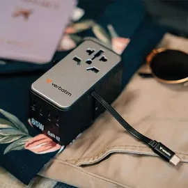 Verbatim Charge 'n' Travel - GaN III Universal Reiseadapter mit integriertem Kabel, 85W, Steckdosenadapter mit USB-A, USB-C USB PD, USB PD 3.1, QC 3.0, QC 4+, PPS, Fast Charge,