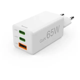 Hama Schnellladegerät 2x USB-C 1x USB-A Mini-Ladegerät PD 65 W Weiß