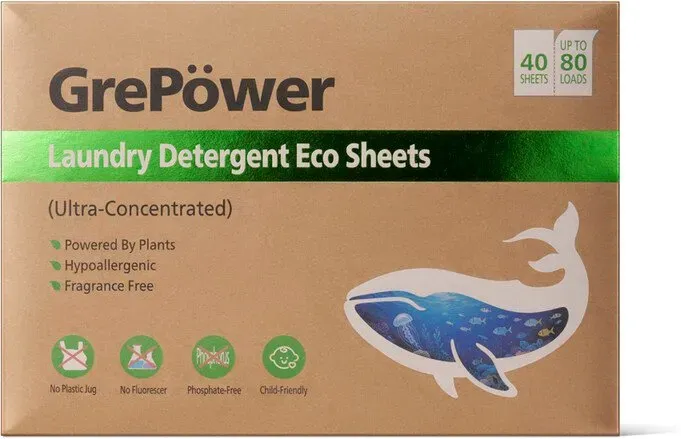 Grepower ultra-konzentrierte, umweltfreundliche Waschmittel-Tabs, 40er-Pack (bis zu ca. 80 Waschladungen), natürliche, pflanzliche Inhaltsstoffe, 8x stärkere Reinigungsleistung, tragbar und platzsparend, ideal für Reisen, reduziert Verpackungsemissionen und Kunststoffverbrauch