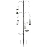 Relaxdays Vogelfutterstation, 6-in-1, Erdspieß, Wasser- & Futterschale, Korb, Körnerspender, Stahl, Futtersäule, grau