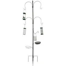 Relaxdays Vogelfutterstation, 6-in-1, Erdspieß, Wasser- & Futterschale, Korb, Körnerspender, Stahl, Futtersäule, grau