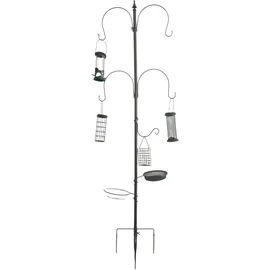 Relaxdays Vogelfutterstation, 6-in-1, Erdspieß, Wasser- & Futterschale, Korb, Körnerspender, Stahl, Futtersäule, grau