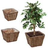 Relaxdays Blumentopf, 3er Set, Holz, Pflanzenkorb mit Folie, 3 Größen, Blumen & Kräuter, Pflanzgefäße quadratisch, Natur