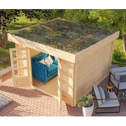 Karibu Gartenhaus mit bepflanzbarem Dach - 297x237x225cm - naturfarben - Fichtenholz / Glas