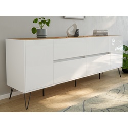 Raumwunder XXL Sideboard Kommode Heros 200cm 4 SoftClose 2 Türen Weiß/Eiche Top