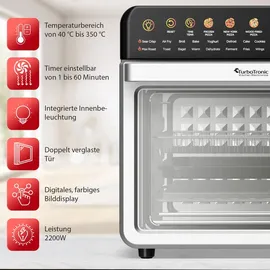 TURBO TRONIC TurboTronic Multi-Smart-Ofen - 16in1 Heißluftofen & Heißluftfritteuse 2200W Power 34L bis 0,5kg Pommes Mini-Backofen mit Dörrfunktion 40-350°C ...