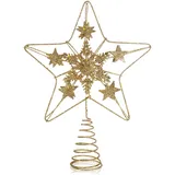 COM-FOUR Deko Stern Weihnachten - Weihnachtsdekoration Stern aus Metall - Aufsteller Weihnachtsstern mit Glitzer und Paillette - Goldfarbene Weihnachtsbaumspitze (goldfarben/24.5cm)