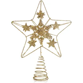 COM-FOUR Deko Stern Weihnachten - Weihnachtsdekoration Stern aus Metall - Aufsteller Weihnachtsstern mit Glitzer und Paillette - Goldfarbene Weihnachtsbaumspitze (goldfarben/24.5cm)