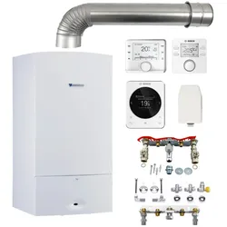 BOSCH/Junkers Gas-Heizwertkombitherme CerastarComfort ZWR 18-7 KE 21 Erdgas L/LL, mit CW 400, mit Anschlussplatte Aufputz, mit Alu-Abgassystem DN 110