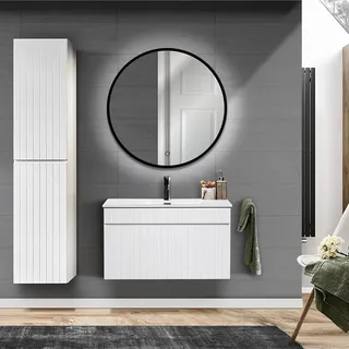 Lomadox Badezimmermöbel Set LED Spiegel Hochschrank weiß matt Keramik Waschbecken Bad