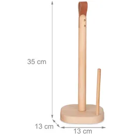 Relaxdays Küchenrollenhalter stehend, Buchenholz, H x B x T: 35 x 13 x 13 cm, Rollenhalter für Küche, Ledergriff, Natur
