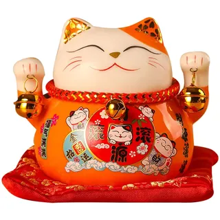Jenngaoo Winkekatze Porzellan Orange, Glückskatze aus Keramik, 11,4 cm, Maneki Neko Figur für Glück, Reichtum, Winke Katze, Japanische Deko für Geschäftseröffnung und Home-Deko