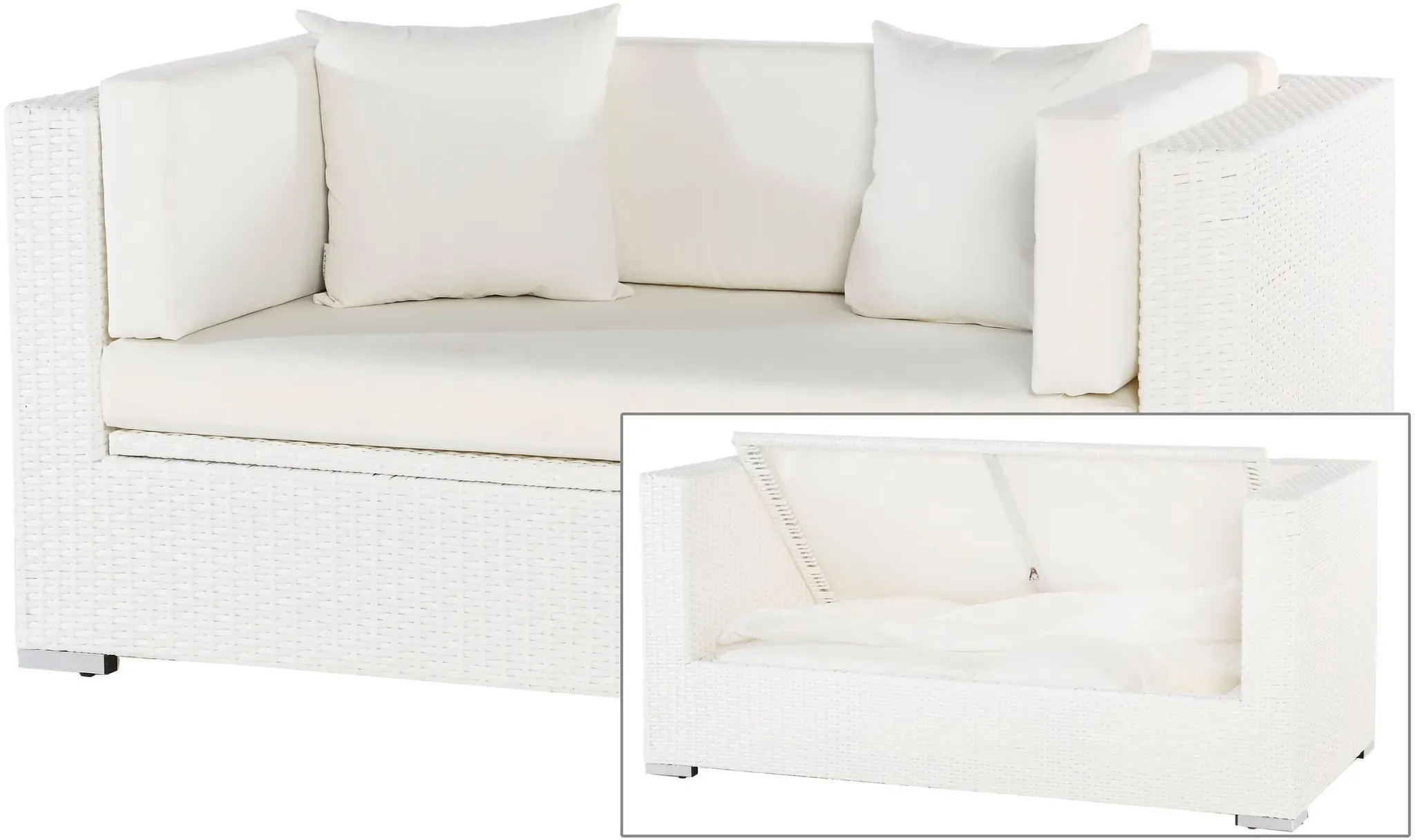 OUTFLEXX 2-Sitzer Sofa, weiß, Polyrattan, 152x85x70cm, inkl. Polster, wasserfeste Kissenbox