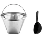 Edelstahl-Kaffeefilter, Größe 4, wiederverwendbarer, waschbarer Kaffeefilter mit Griff und Messlöffel für 6–10 Tassen, Kaffeemaschine, feines Netz, Permanentfilter (swt)