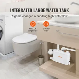 Vevor Abwasser Hebeanlage 500W Fäkalienhebeanlage 8m Förderhöhe Abwasserpumpe 6600L/h Haushaltspumpe 2900U/min Schmutzwasserpumpe Eingebautes Rückschlagventil Wartungfrei WC Dusche Waschbecken