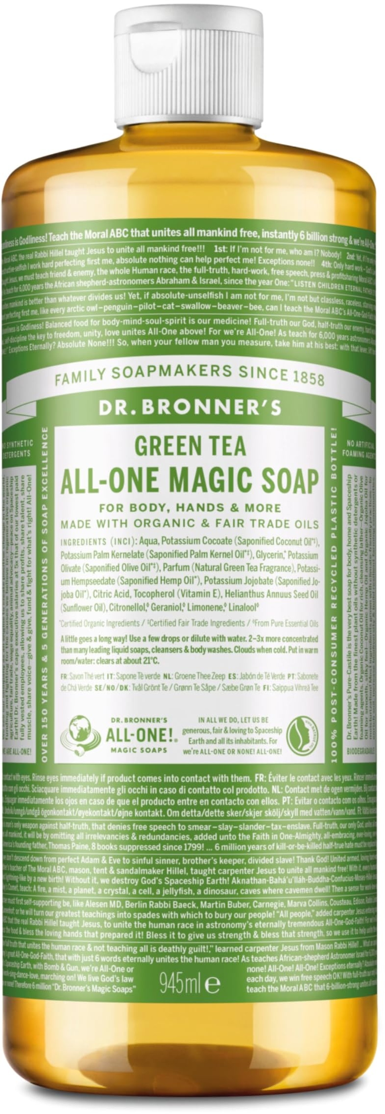 Dr. Bronners 18-IN-1 Naturseife | Organic Flüssigseife | Green Tea | Grüner Tee | Duschgel, Handseife, Shampoo und vieles mehr | Mit Bio Ölen | Fair Trade | 945 ml