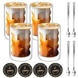 Mkitnvy 4er Set Latte Macchiato GläSer,350ML Doppelwandige GläSer mit 4 Löffeln und 4 Untersetzern, ThermogläSer Doppelwandig aus Borosilikatglas für Cappuccino,Latte,Tee,EIS,Eistee,Iced Americano