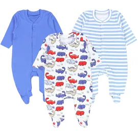TupTam Baby Jungen Schlafstrampler mit Fuß 3er Pack, Farbe: blau grau streifen dino), Größe: 56 - 56