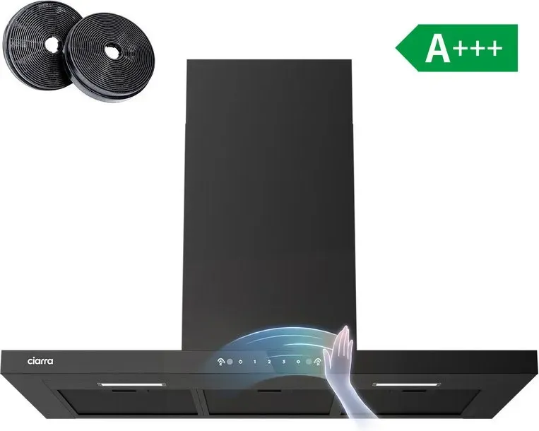Ciarra 90 cm Wandhaube, Ultra-Slim 40 mm Panel Design aus schwarzem Glas, Wellen- & Touch-Steuerung, 650 m3/h, A+++ Energieeffizienz, Abluft- & Umluftbetrieb CRGCB9102-SLIM