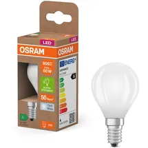 Osram Energy Class LED-Lampe in klassischer Miniballform, 3.8 W / 806 lm, EEK A, kaltweißes Licht (4000 K), CRI 80, aus gefrostetem bleifreiem Glas, E14 Sockel, IP20, 45 mm Durchmesser.