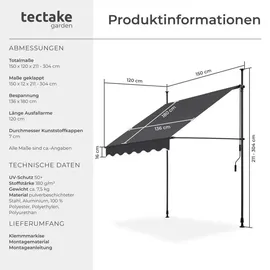 Tectake tectake® Klemmmarkise, mit Handkurbel, höhenverstellbar - 304 cm, einfache Montage