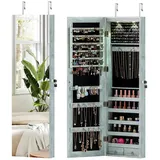 COSTWAY Schmuckschrank mit LED & Spiegel abschließbar, Wandspiegel hängend blau