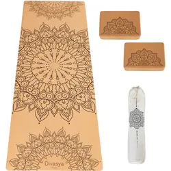 Kork Yogamatte im Set mit 2 Blöcken. MANDALA Design braun|braun 183 CM