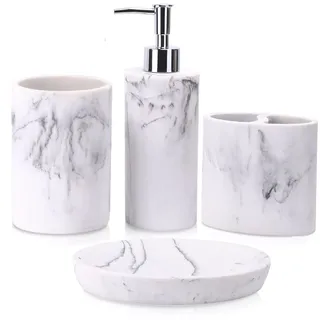 ZCCZ Badezimmer Set – 4-teiliges Organizer-Set mit Zahnbürstenhalter, Seifenspender, runder Seifenschale und Zahnputzbecher – Elegante Kosmetikaufbewahrung und Dekoration in Marmor-Optik, weiß