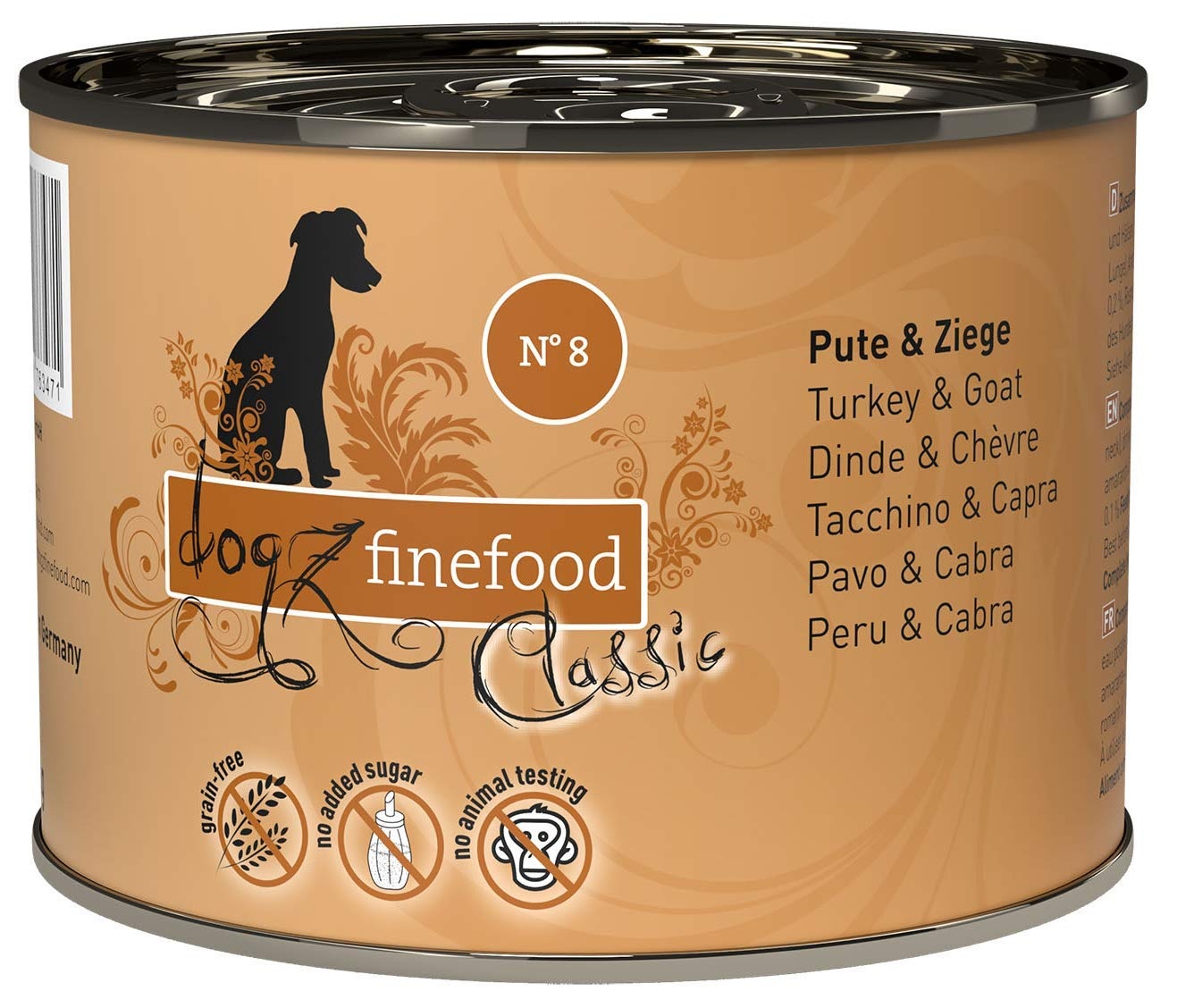 dogz finefood Hundefutter nass - N° 8 Pute & Ziege - Feinkost Nassfutter für Hunde & Welpen - getreidefrei & zuckerfrei - hoher Fleischanteil, 6 x 200 g Dose