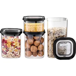 Vorratsglas GEFU "PANTRY", transparent, B:11cm L:11cm, Borosilikatglas, Kunststoff, Lebensmittelaufbewahrungsbehälter, Stapelbar, luftdicht, transparent, platzsparend