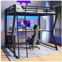 Flieks Hochbett LED Metallbett 140x200cm mit Schreibtisch und Aufladenfunktion schwarz