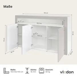 Vladon Sideboard 155 x 92 x 40 cm Weiß matt / Eiche sägerau / Braun