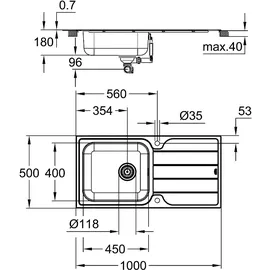 Grohe K500 rechts Auflagespüle Edelstahl Handbetätigung 1000 x 500 mm