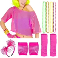 SHAPEPOTY 90er 80er Jahre Outfit Accessoires, 80er Jahre Outfit Damen Mottoparty Netzoberteil, Neon 80 Jahre Outfit Party, 80 Jahre Kostüm Zubehör Set kleidung Typisch Off Shoulder Netzshirt, Rose Rot