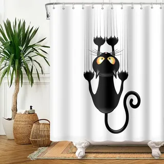 SDOTPMT 180x213cm Schwarz Katze mit Scharf Pfoten Duschvorhang Niedlich Komisch Katze Kätzchen Badevorhang Weiß Hintergrund Badewanne Vorhang Polyester für Badezimmer Badevorhang mit Haken