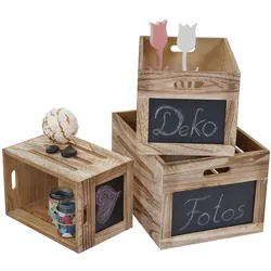 Mendler 3er Set Holzkiste HWC-E11, Aufbewahrungsbox mit Tafel, Shabby-Look ~ naturbraun