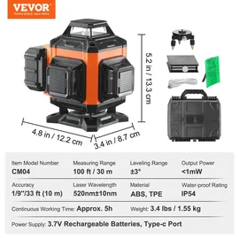 Vevor Kreuzlinienlaser 30m Lasernivellier Selbstnivellierend ±0,28cm bei 10m ±3° IP54