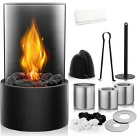 LaCute Tischfeuer Tischfeuer Tischkamin Bioethanol Kamin mit Glas Dekosteinen Schwarz (Tischfeuer Set mit 2 Brennkammern Flammenringen Zange und Handschuhen, Bioethanol Tischkamin Komplettset inklusive Zubehör für innen außen), Freistehender Tischkamin aus Glas und Stahl mit Löschhilfe 10tlg Set schwarz