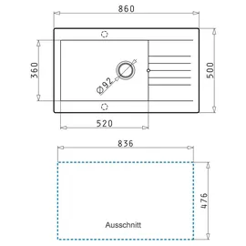 PYRAMIS Spüle Siroko (86x50) BEIGE aus Fibertek / SMC-Spüle / Fiberglasspüle / Ausschnitt 836 x L: 86 x 50 cm, Innenbreite Becken 1: 52 cm,