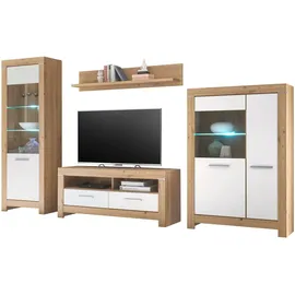 Stella Trading Wohnwand BALIN, Artisan Eiche Dekor - Weiß matt - 4-teilig - mit LED-Beleuchtung