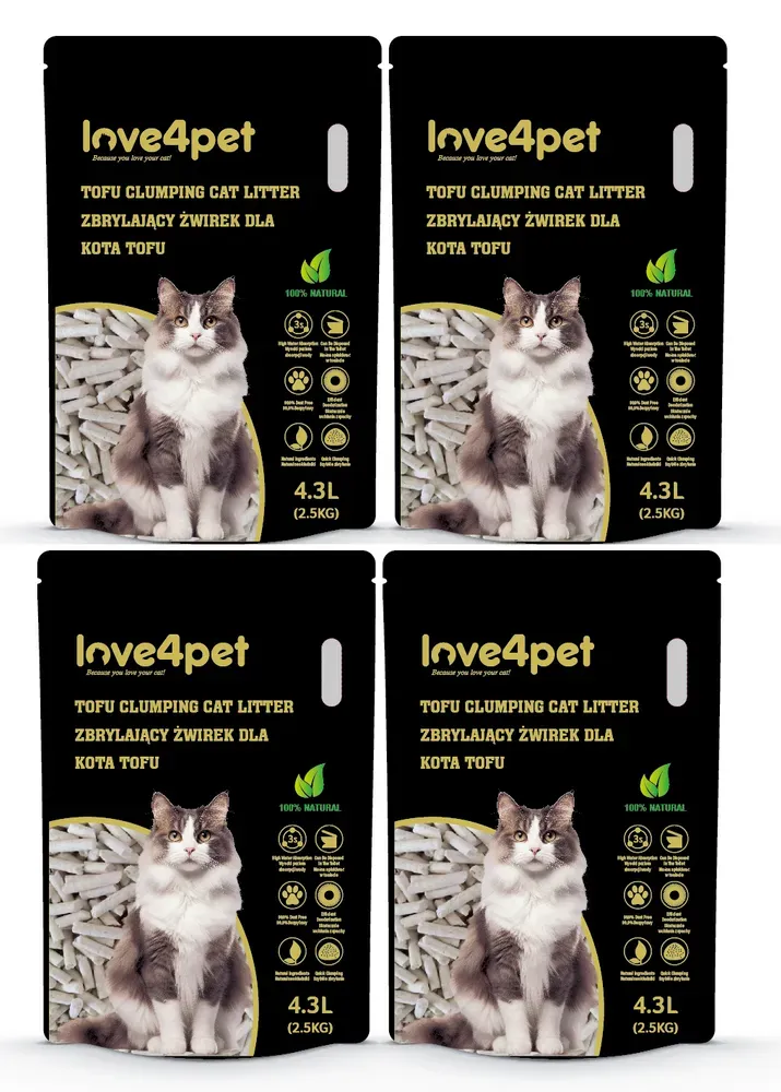 Love4pet super klumpende Tofu-Streu 4x2.5kg 4.3L für Katzen (Rabatt für Stammkunden 3%)