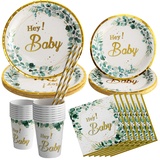 Maclunar Babyparty Deko Partygeschirr Set für 20 Gäste,100 Stück Baby Shower Eukalyptus Pappteller Neutral Geschirr Teller Set Servietten Papierteller Becher Strohhalme,Babyparty Deko Junge Mädchen