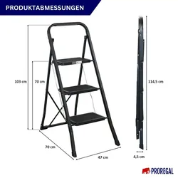 PROREGAL Trittleiter klappbar 3 geriffelte Stufen aus Gummimatten 103x47x70cm Traglast 150kg Stahl Matt Schwarz Klapptritt Klappleiter Haushaltsleiter