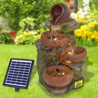 Solar Gartenbrunnen Brunnen Solarbrunnen Zierbrunnen Wasserfall Gartenleuchte Teichpumpe für Terrasse, Balkon, mit Pumpen, mit Liion-Akku & Led-Licht (4-TONKRÜGE IM BAUMFELS)